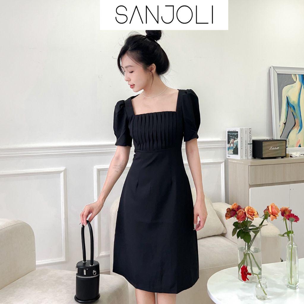 Váy Công Sở Nữ SANJOLI Đầm Dự Tiệc Thiết Kế Cổ Vuông Tay Phồng Họa Tiết Xếp Ly Phong Cách Hàn Quốc Sang Trọng VD017