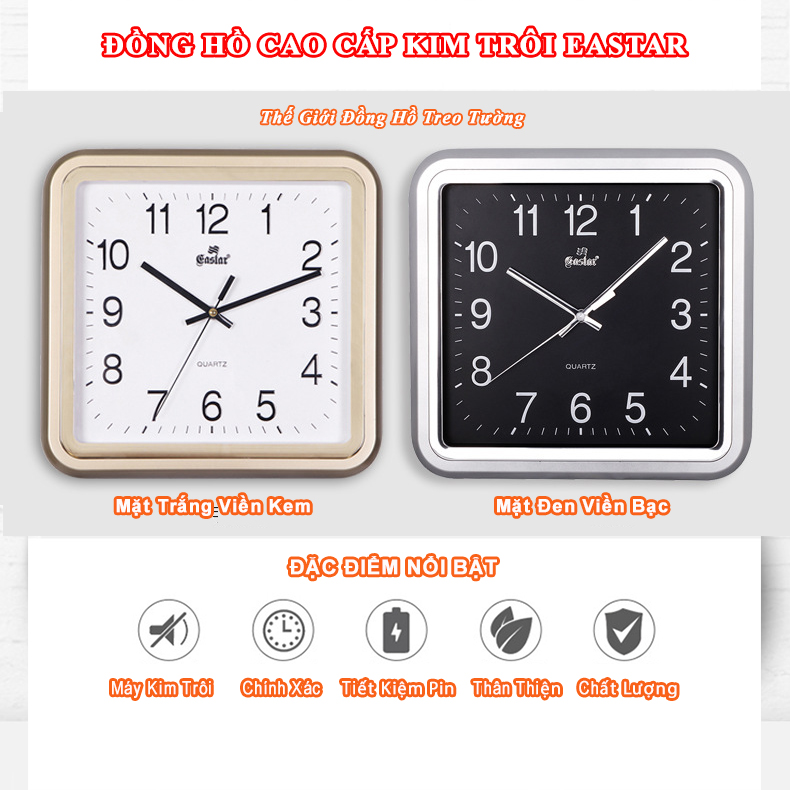 Đồng Hồ Treo Tường KIM TRÔI EASTAR Cao Cấp Mặt Vuông, Viền kim tuyến, Số nổi Ánh kim - Tặng Pin Maxell - BH 1 Năm - Decor Trang Trí Nhà