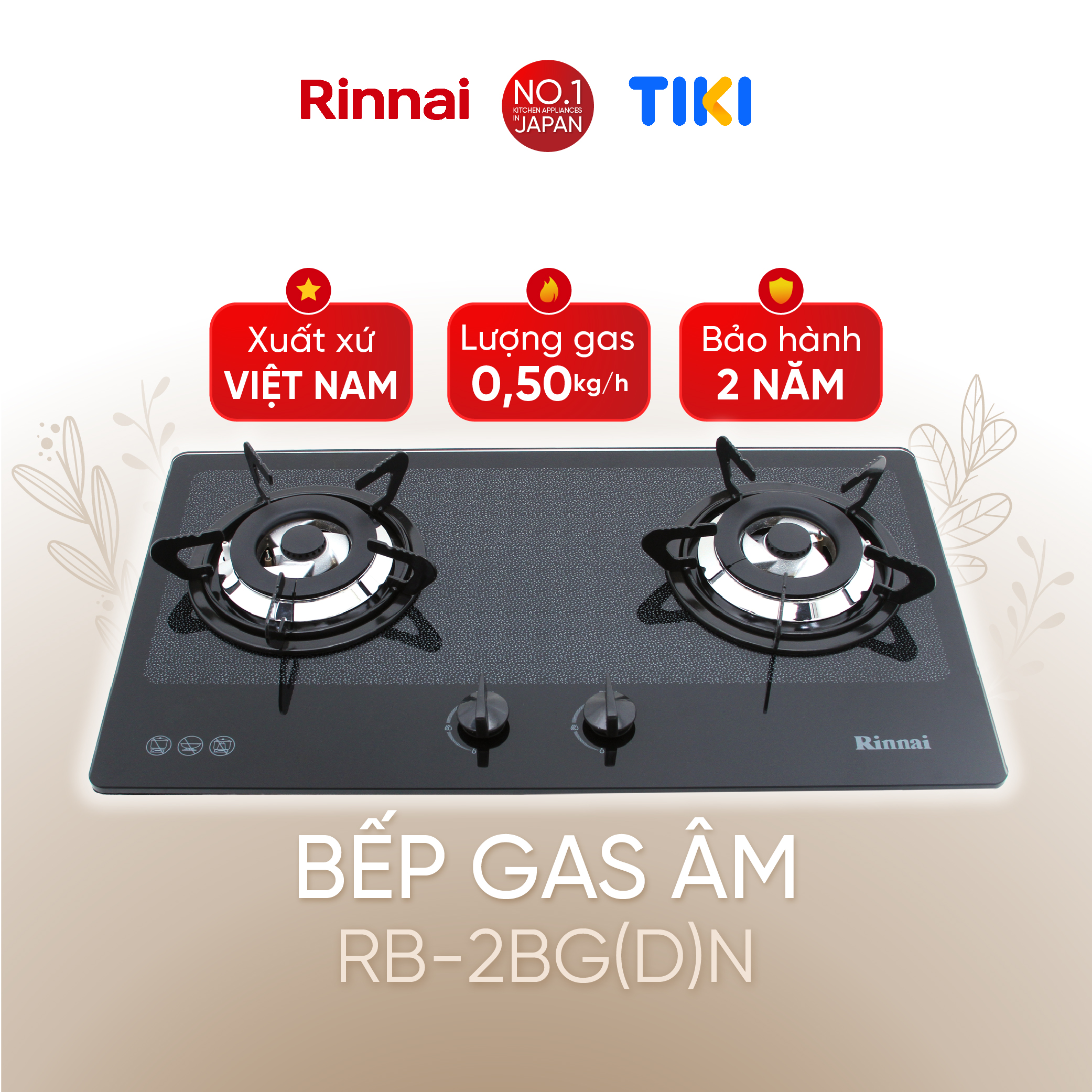 Bếp gas âm Rinnai RVB-2BG(D)N mặt bếp kính và kiềng bếp men - Hàng chính hãng.