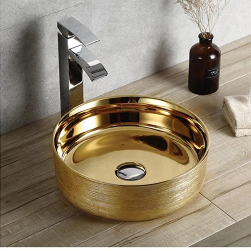 Chậu sứ lavabo để bàn kiểu tròn màu vàng óng phong cách hoàng gia