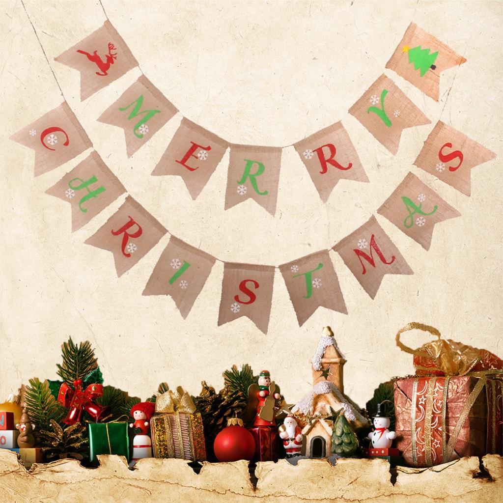 Burlap Merry Christmas Bunting Banners Flag Garland Sign Party Decoration