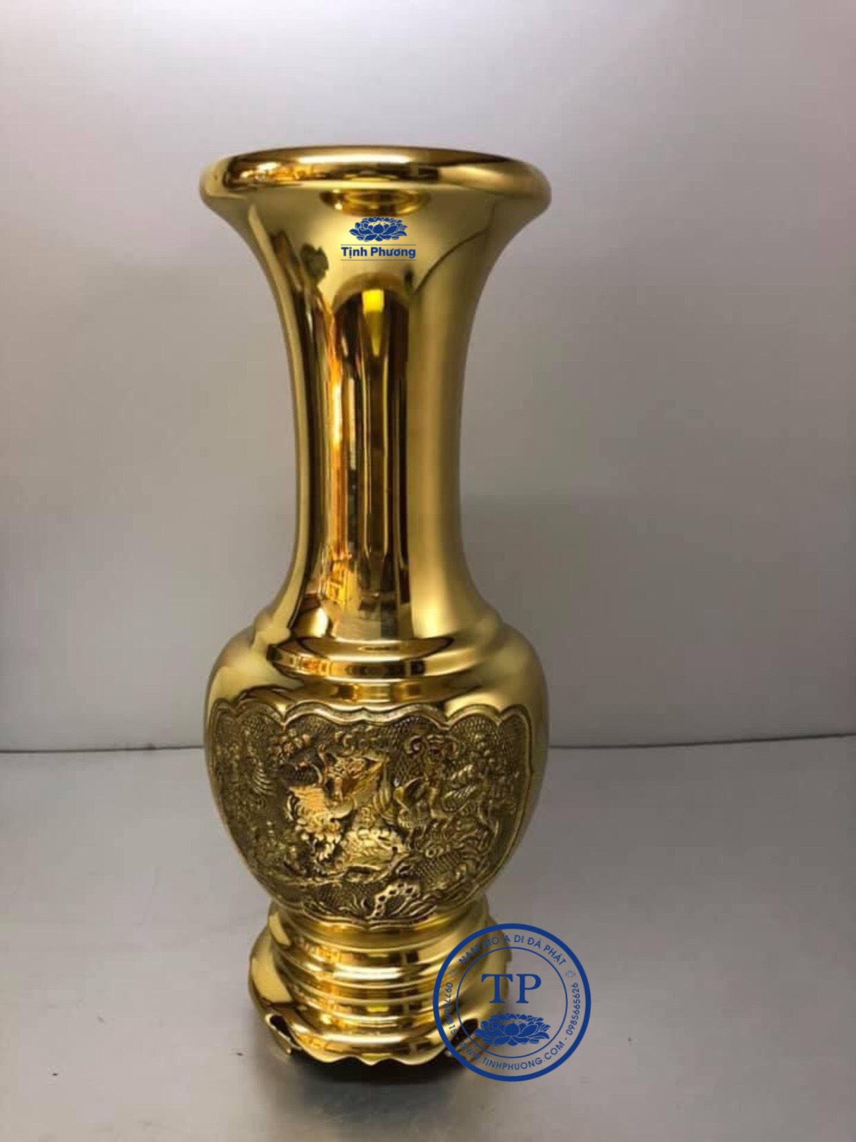 Lọ hoa đồng vàng nguyên chất cỡ to mẫu tùng cúc trúc mai Đk 15cm, cao 36cm KH12131
