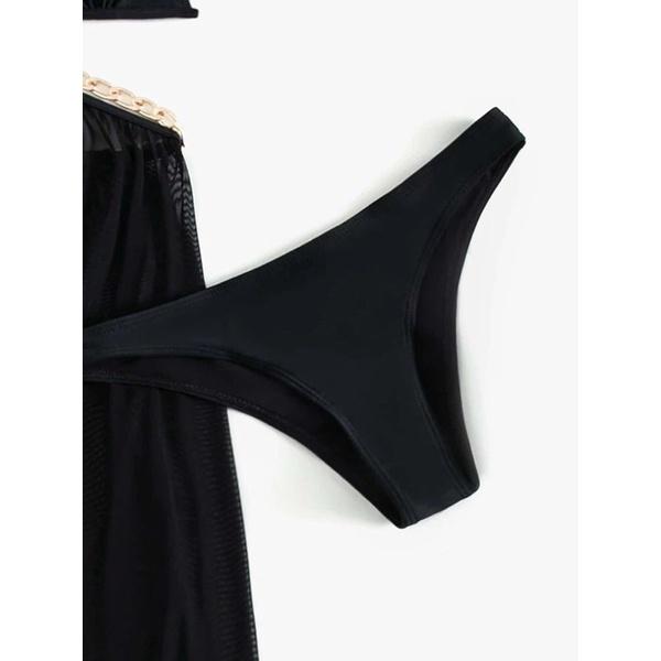 Bikini hai mảnh áo tam giác quần chip màu đen sexy kèm chân váy voan sexy