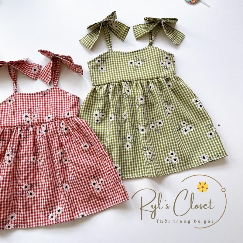 Váy 2 Dây Nơ Caro Hoa Bé Gái 4 Đến 28kg, Đầm Bé Gái Chất Thô Nhật Mềm Mướt