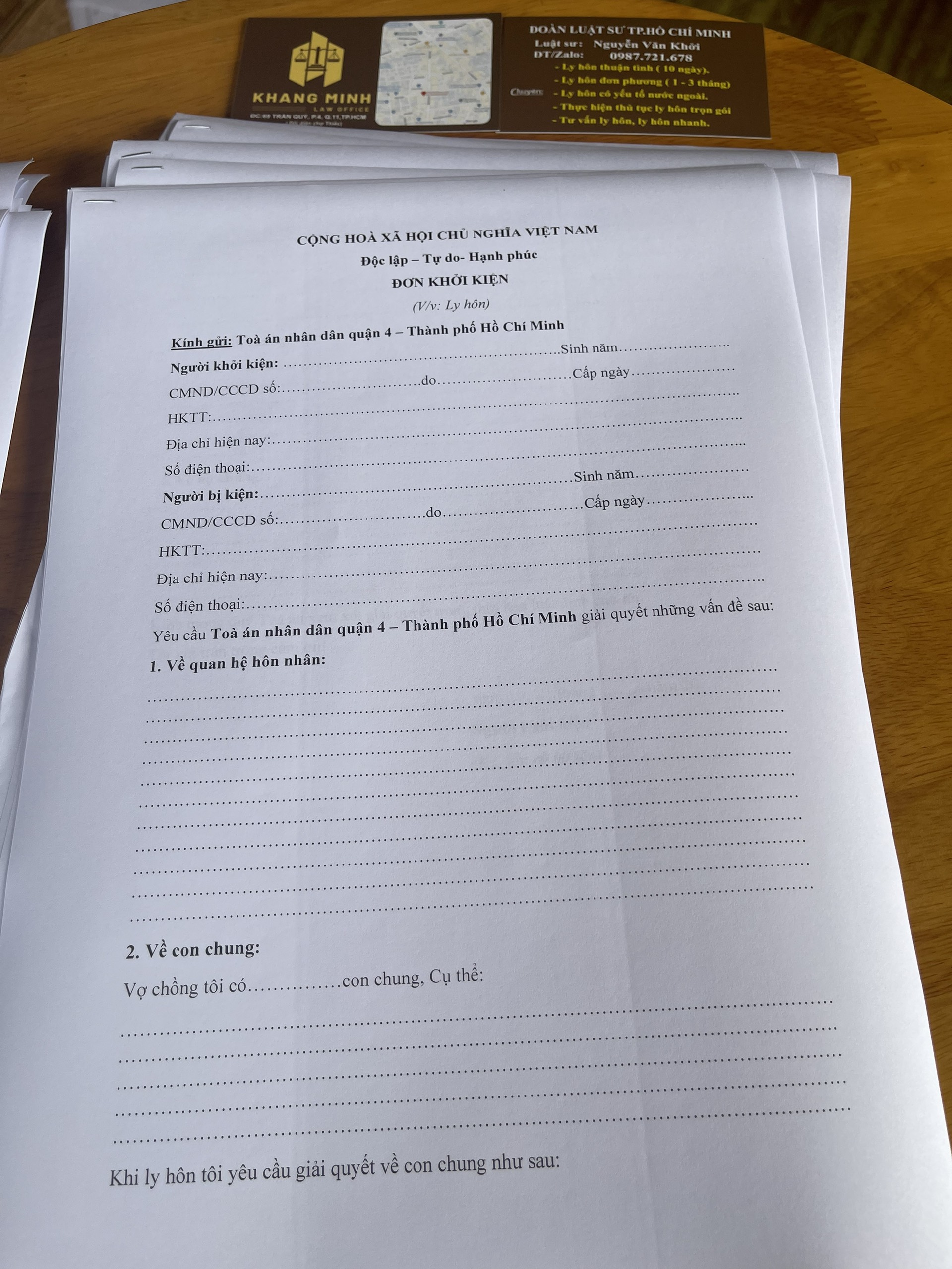 Thủ tục ly hôn đơn phương tại quận 4 +02 Đơn ly hôn đơn phương +01 Hướng dẫn chi tiết