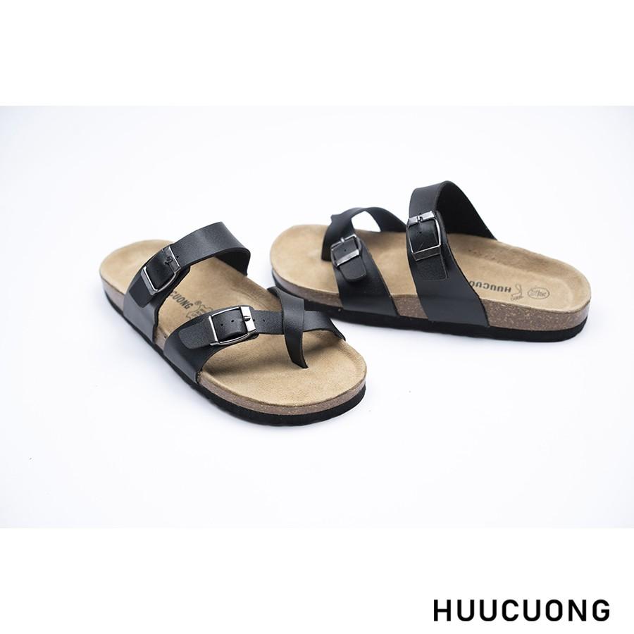 Dép unisex HuuCuong xỏ ngón pu đen đế trấu handmade