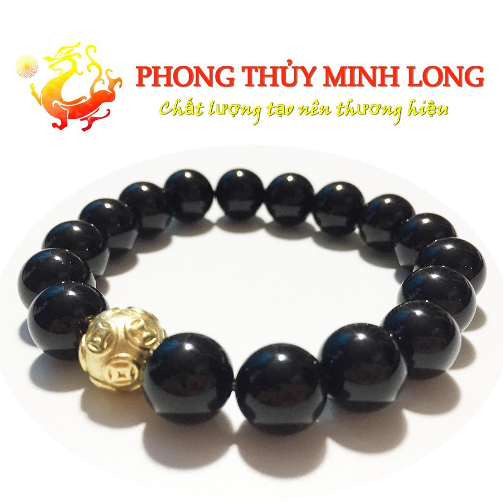 Vòng tay đá Mã Não Đen hàng 3A mix hạt Kim Tiền bằng Bạc charm Vàng hợp mệnh Thủy và Mộc