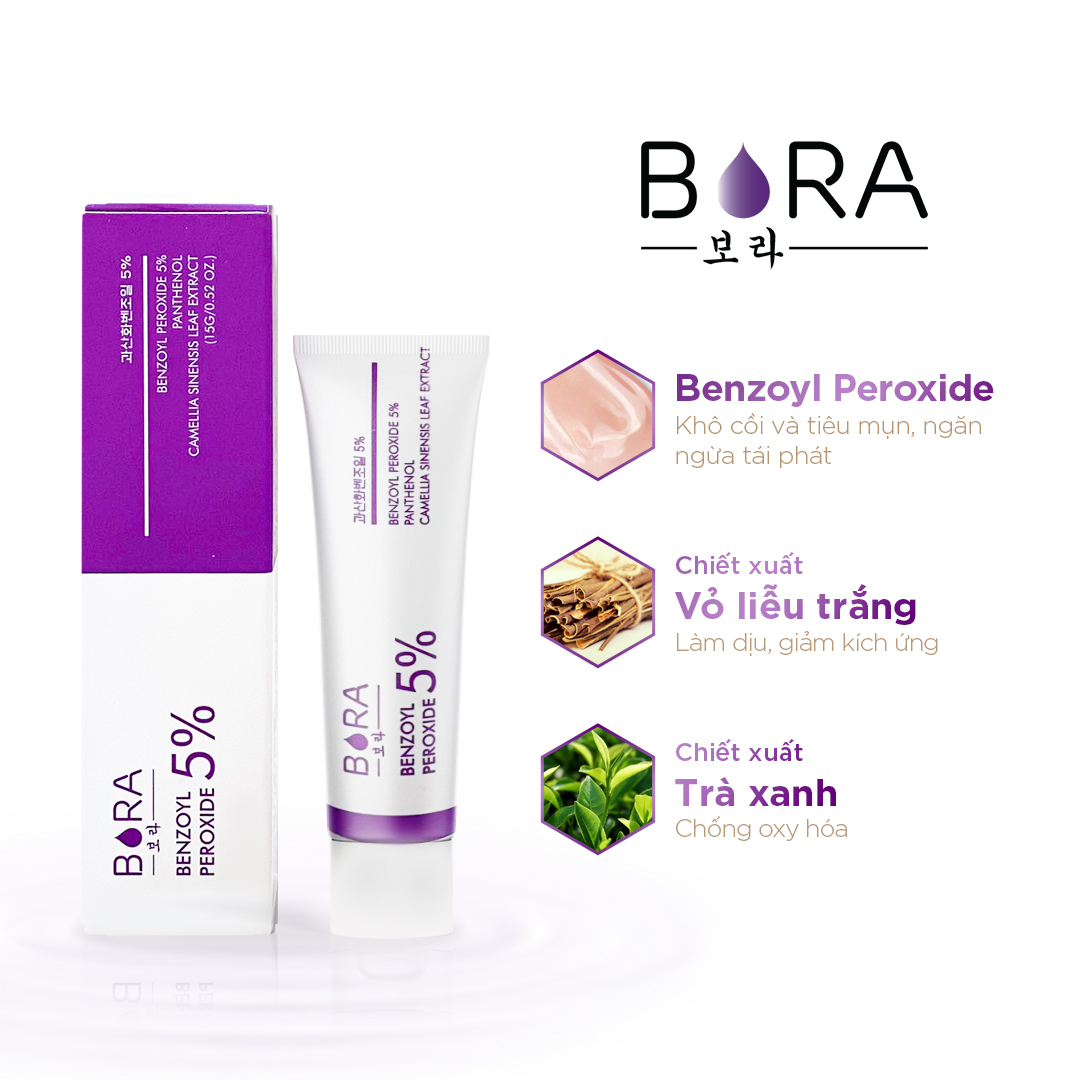 Gel chấm mụn Bora Benzoyl Peroxide 5% hoạt động mạnh mẽ tuýp 15g