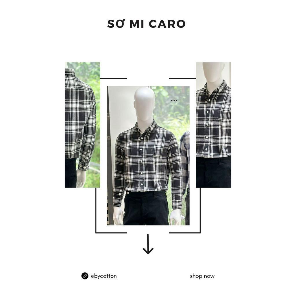 Áo Sơ Mi Nam Dài Tay Phối Sọc BY COTTON Caro Lớn Trắng Đen