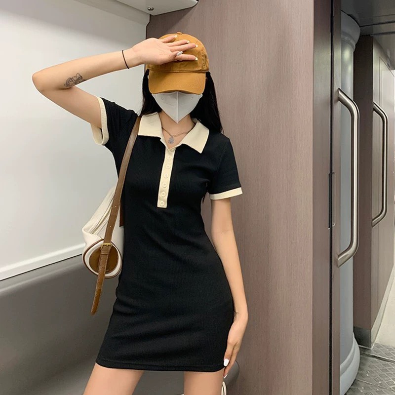 Đầm body tay ngắn cúc khuy chất thun mặc tôn dáng freesize <53kg