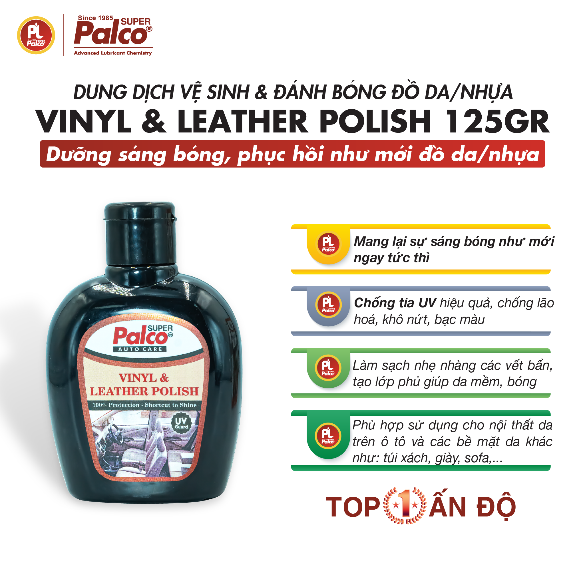 Dung dịch chăm sóc đồ da, giả da, nội thất ô tô PALCO Vinyl & Leather Polish - Kem dưỡng làm bóng, mềm, kéo dài tuổi thọ đồ da cao cấp 125gr - Nhập khẩu Ấn Độ