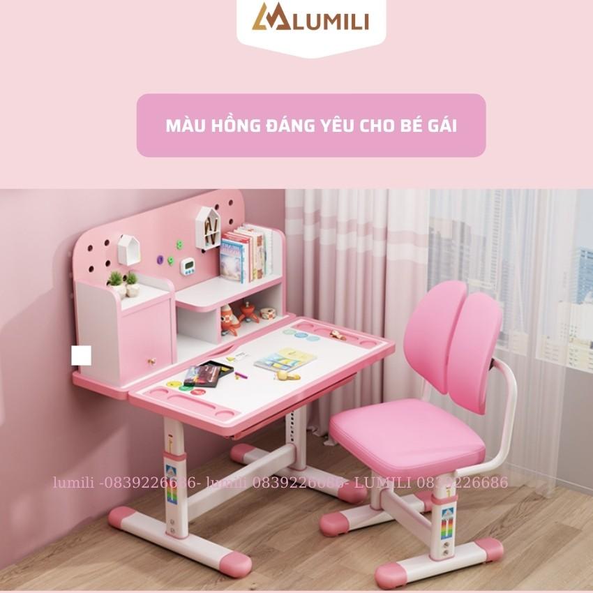 Bàn học sinh Lumili R16 có giá sách chống gù chống cận, bàn học thông minh kèm kệ sách phù hợp cho học sinh tiểu học