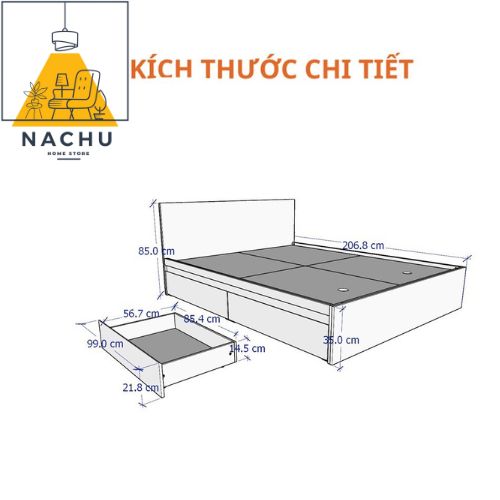Giường Ngủ 2 Ngăn Kéo Gỗ MDF Nhập Khẩu Cao 35cm