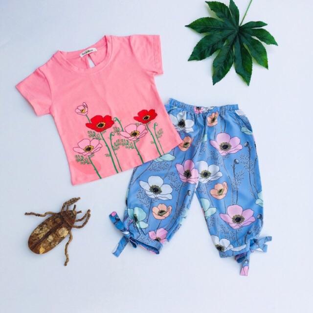 Đồ Bộ Lửng Áo Thun Cotton Quần Hoa Rực Rỡ bé gái BabyBean