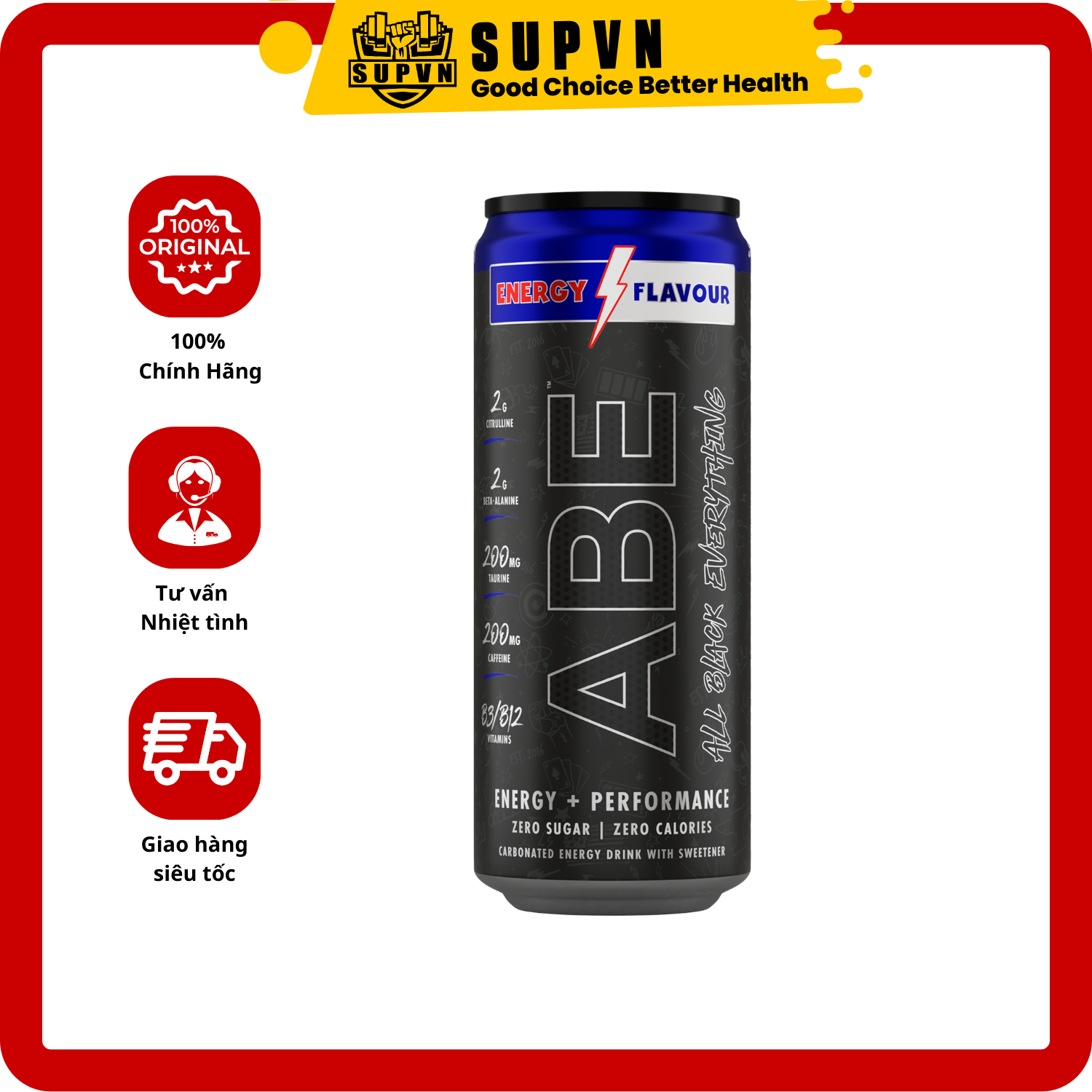 PREWORKOUT ABE ENERGY 1 LON 330ML NƯỚC TĂNG NĂNG LƯỢNG SUỐT BUỔI TẬP KHÔNG ĐƯỜNG BỔ SUNG CITRULLINE BETA ALANINE &amp; CAFFEIN  - Energy Flavor