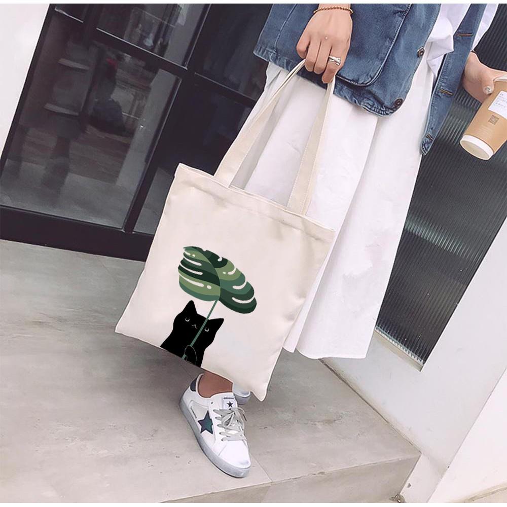 Túi Tote Vải Mộc Ginko kiểu basic có dây kéo khóa miệng túi đựng vừa laptop 14 inch và nhiều đồ dùng khác In Hình Cat With Leaf M09