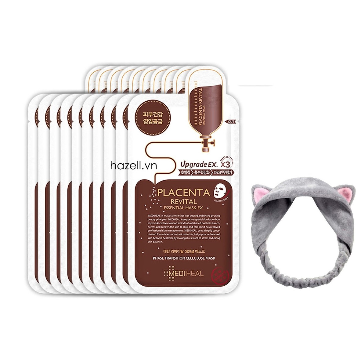 Bộ 10 Gói Mặt Nạ Nhau Thai Cừu Tăng Độ Đàn Hồi Và Chống Lão Hóa Da Mediheal Placenta Revital Essential Mask Ex 25ml x10 + Tặng 1 Băng Đô Tai Mèo Xinh Xắn ( Màu Ngẫu Nhiên)