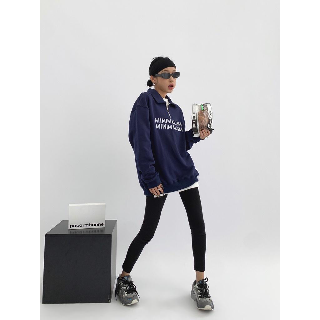 Áo Sweater Zip Gân Cổ Cao Thêu Chữ MINIMALISM Dáng Rộng