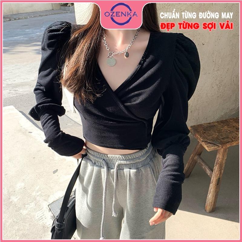 Áo croptop cổ v vai bồng tay dài nữ OZENKA crt ôm body vải thun gân 100% cotton cho người bắp tay to dưới 50 kg