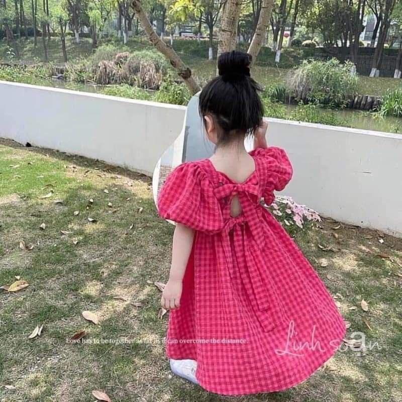 Váy bé gái- váy kẻ hồng đậm 2 nơ lưng