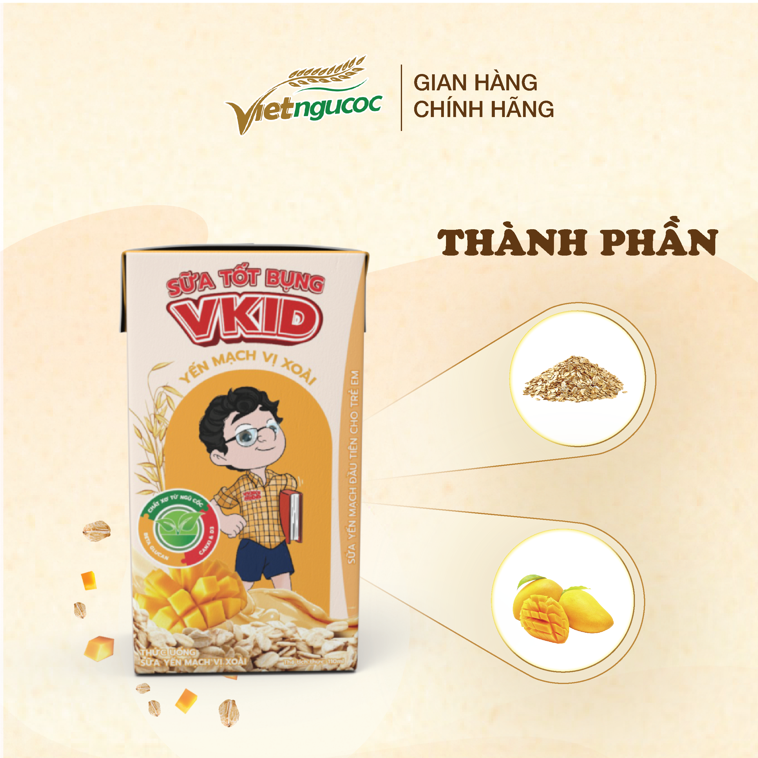 Thùng 48 Hộp Sữa Yến Mạch V-kid Việt Ngũ Cốc Vị Xoài 110ml/Hộp