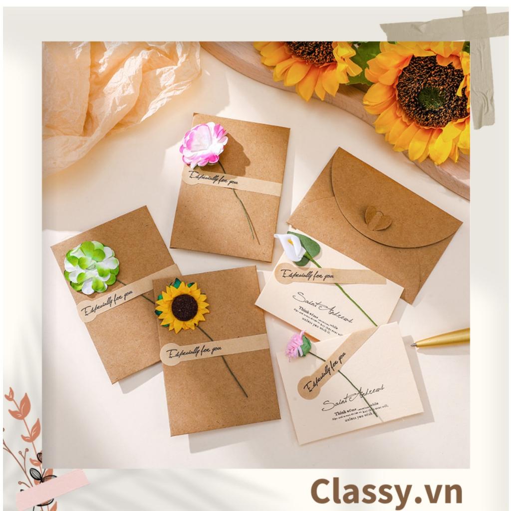 Thiệp Cổ điển Vintage gắn hoa khô kèm phong bì giấy kraft và nhãn dán Sticker Classy Q626