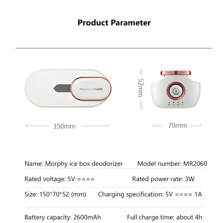 Máy Khử trùng, diệt khuẩn, lọc không khí cho tủ lạnh Morphy Richards MR2060 sử dụng nguồn sạc USB, dùng liên tục 20 ngày, 3 chế độ khử trùng hiệu quả- Hàng chính hãng