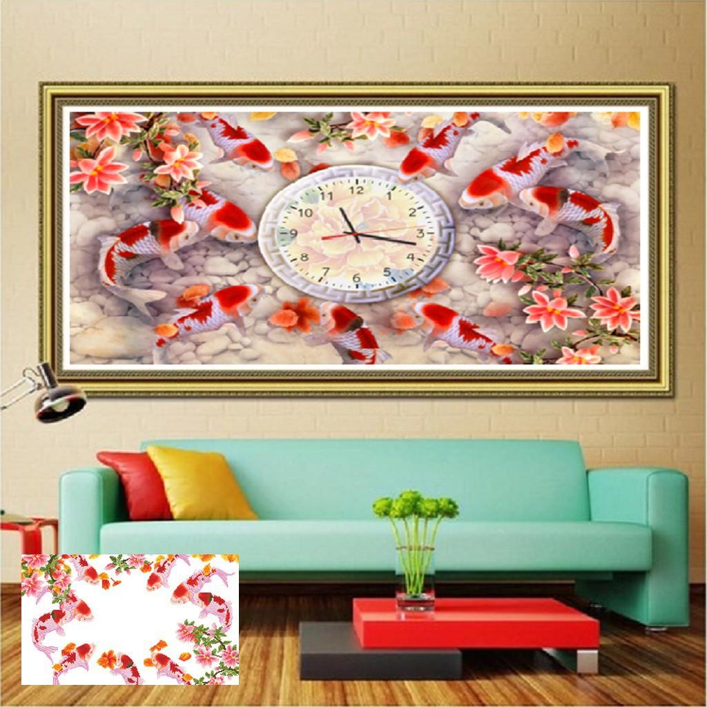 Tranh Đính Đá Đồng Hồ CÁ CỬU NGƯ QUẦN HỘI . Kích Thước: 75cm x 50cm