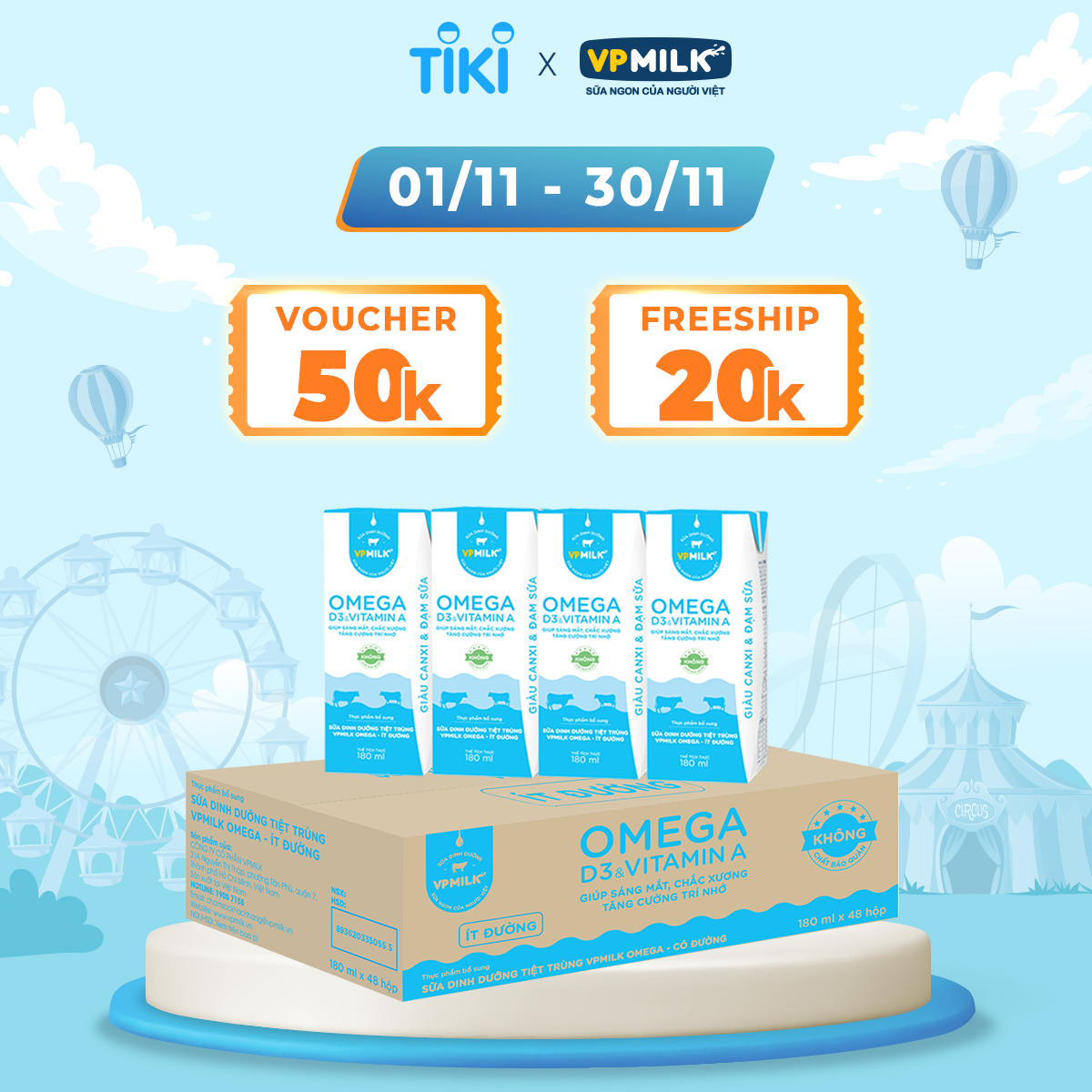Sữa Dinh Dưỡng Tiệt Trùng VPMilk Omega Ít Đường dạng hộp cho bé trên 1 tuổi 180ml (thùng 48 hộp)