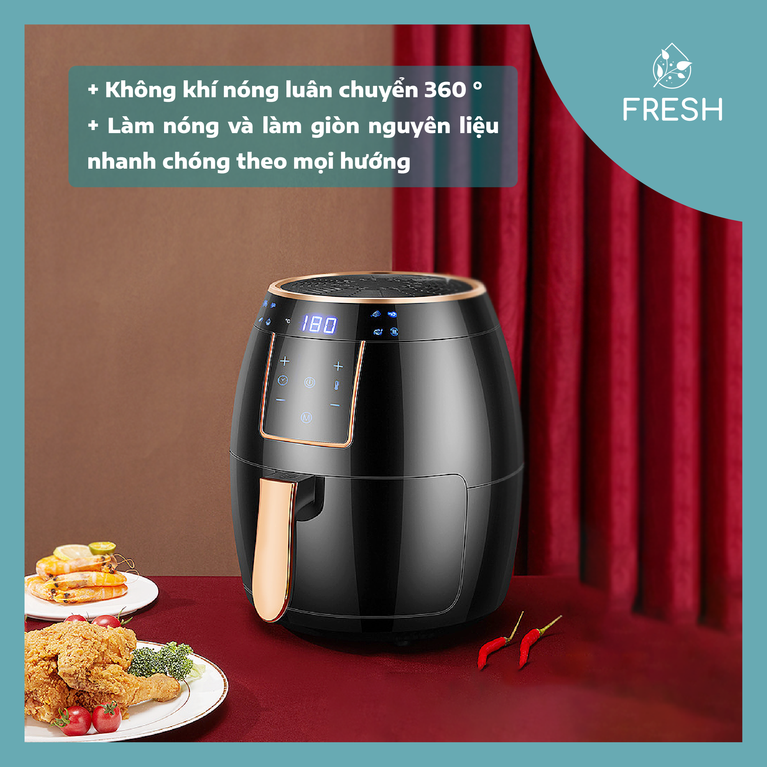 Nồi Chiên Không Dầu 5.5 Lít AirFryer Mặt Điều Khiển Cảm Ứng Tiêu Chuẩn Châu Âu