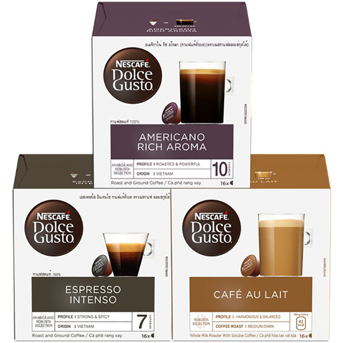 Combo 3 Hộp Cà Phê Viên Nén Nescafe Dolce Gusto Vị Espresso, Americano, Aulait Kèm 1 Ly Thủy Tinh 2 Lớp Cao Cấp