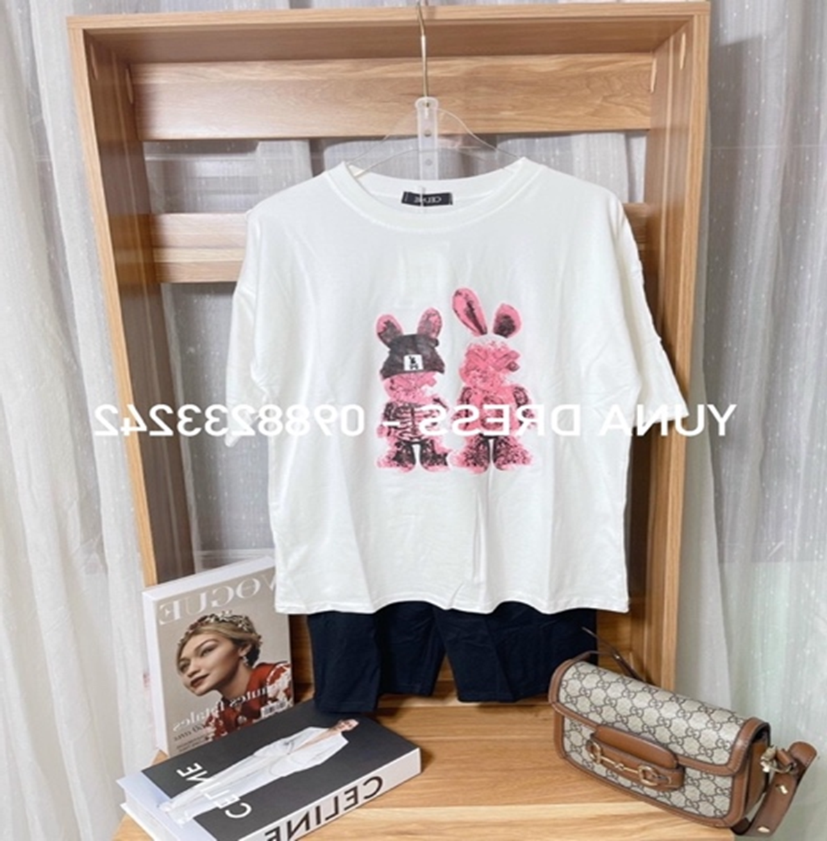 Sét bộ cotton tàu gấu in 2 mặt áo thụng quần bó