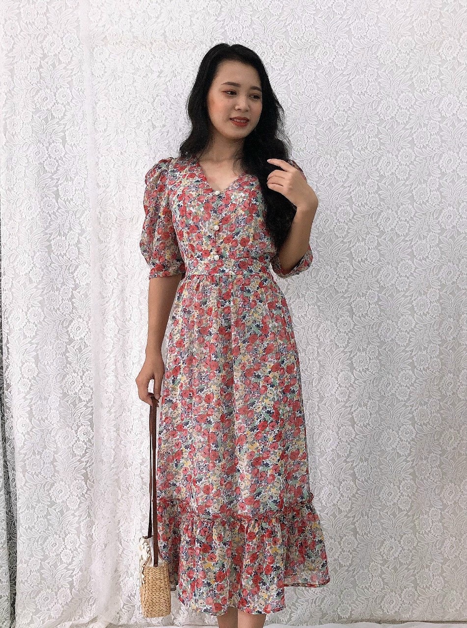 Đầm xòe voan hoa cổ tim tay phồng nhún bèo lai S&M GR193 - Hình thật do shop chụp