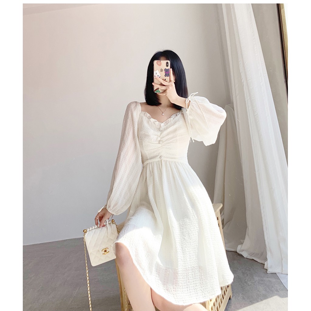 Váy babydoll dáng dài trắng tay bồng 3 khuy ngực, đầm nữ dự tiệc dáng xòe
