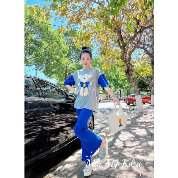 Set quần ống rộng áo thun cotton tay phối gấu thêu xinh xắn