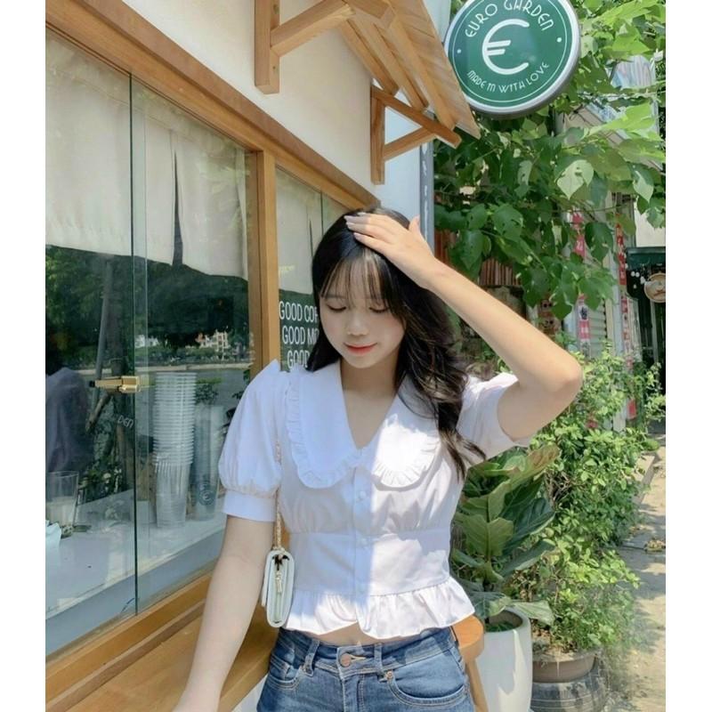 Áo kiểu croptop cổ bèo trắng tay ngắn phồng ôm eo nút bọc