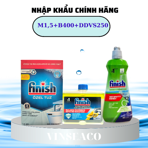 Combo Finish phụ gia: Nước làm bóng 400ml + Dung dịch vệ sinh máy 250ml + Muối rửa chén bát 1.5kg