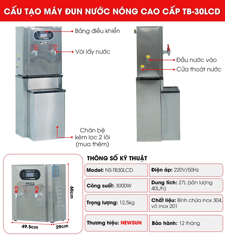 Máy đun nước nóng cao cấp TB-30LCD (40 lít/giờ) NEWSUN - Hàng chính hãng