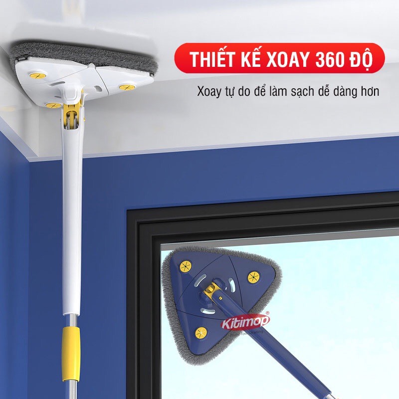 Cây chổi lau nhà cán cầm kéo dài từ 70-130cm thiết kế thông minh với bàn lau hình tam giác, bàn xoay 360 độ, có thể tự vắt rảnh tay, bông lau cotton hút ẩm, cuốn giữ bụi bẩn trên cao