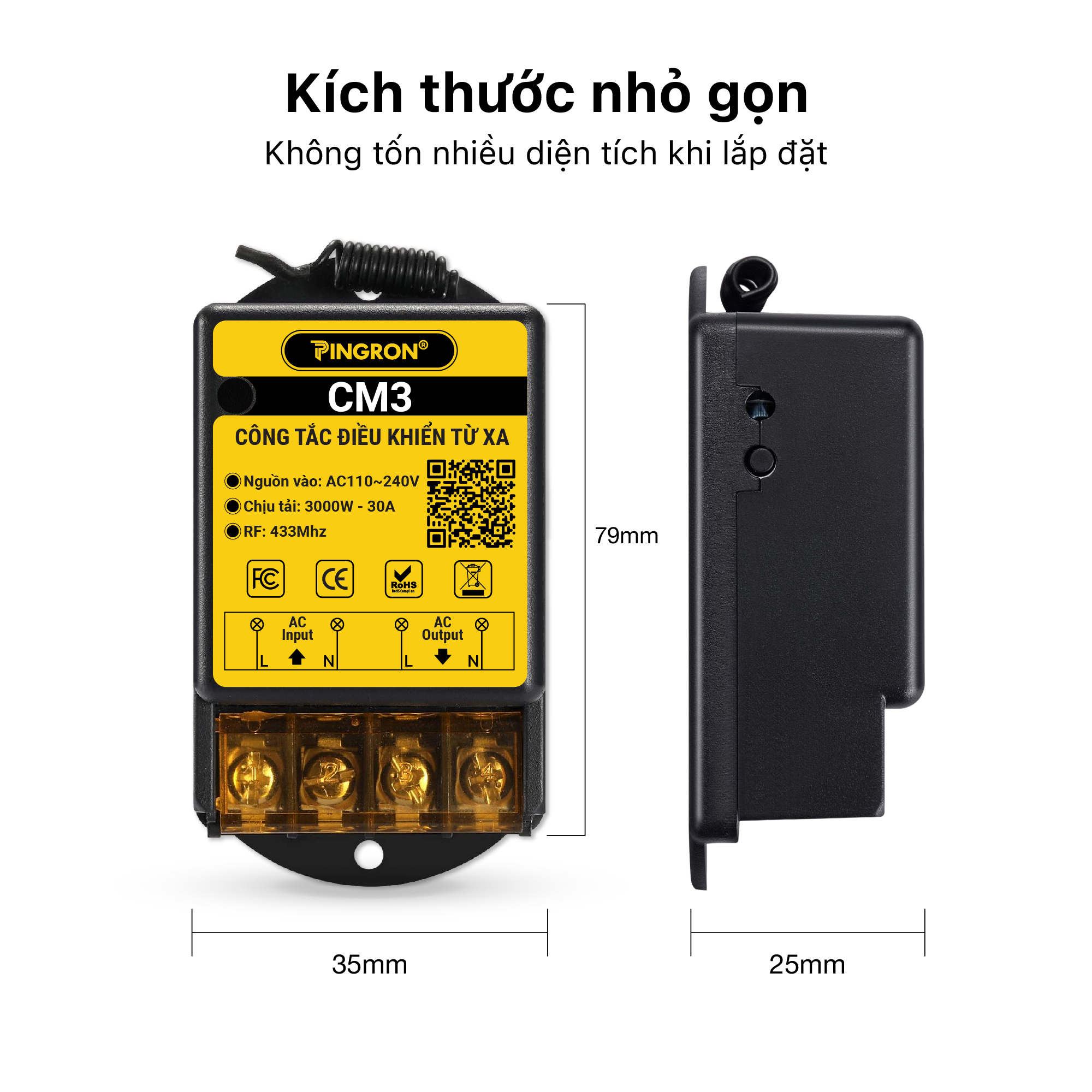 Công tắc điều khiển từ xa máy bơm nước 220V PINGRON CM3 - Công suất cao, khoảng cách 100M, điều khiển bằng remote, bảo hành 12 tháng