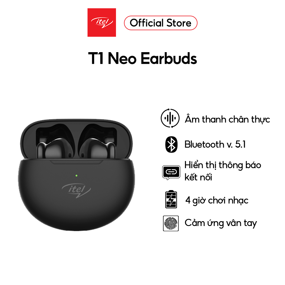 Tai nghe bluetooth itel T1 Neo - Bluetooth v5.1, sạc type C, cảm ứng vân tay, 4h chơi nhạc - Hàng chính hãng