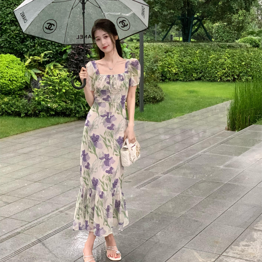 DONGSHOP Pháp Vintage vuông cổ in tay áo ngắn đuôi cá đầm nữ tính siêu tiên váy dài màu đen hoa chiffon đầm