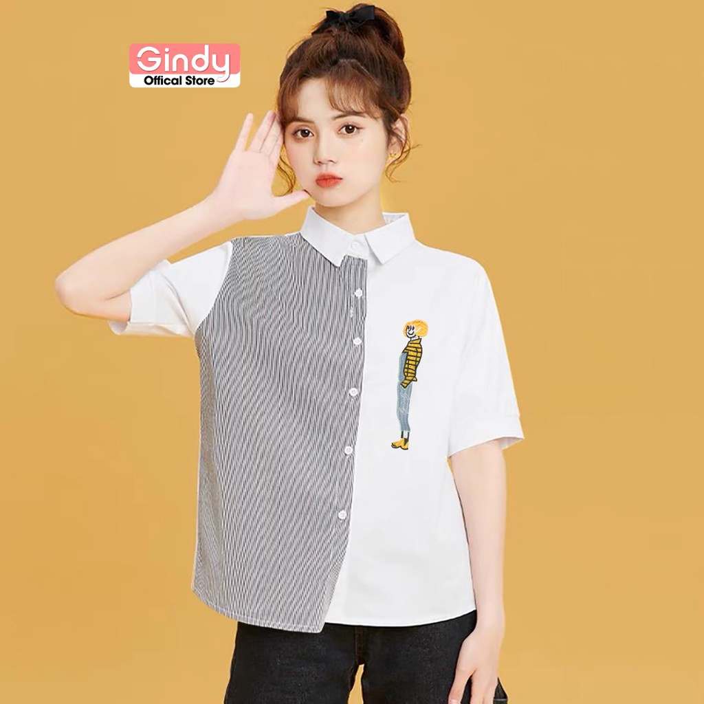 Áo sơ mi nữ ngắn tay GINDY túi thêu cổ bẻ form rộng tà lệch dáng suông thời trang Hàn Quốc A7104