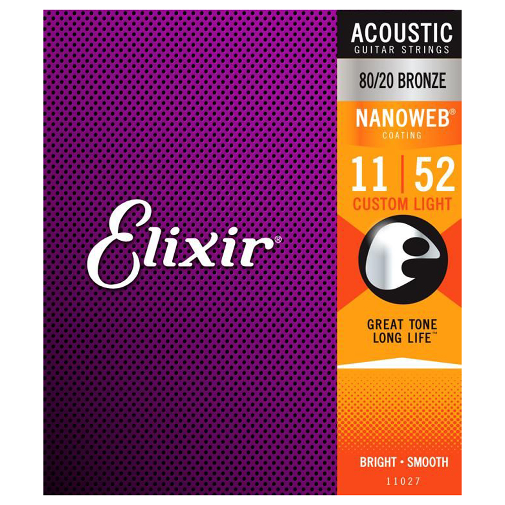 Elixir 11027 - Dây Đàn Acoustic Guitar Cỡ 11 (.011-.052) - 80/20 Bronze Strings Custom Light - Phân Phối Chính Hãng (Bộ Dây phủ lớp Nanoweb cao cấp) - Kèm Móng Gảy DreamMaker