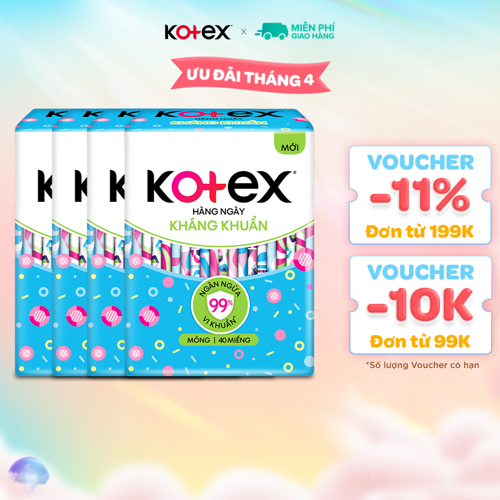 Combo 4 gói băng vệ sinh Kotex hằng ngày kháng khuẩn không cánh (40M/gói)