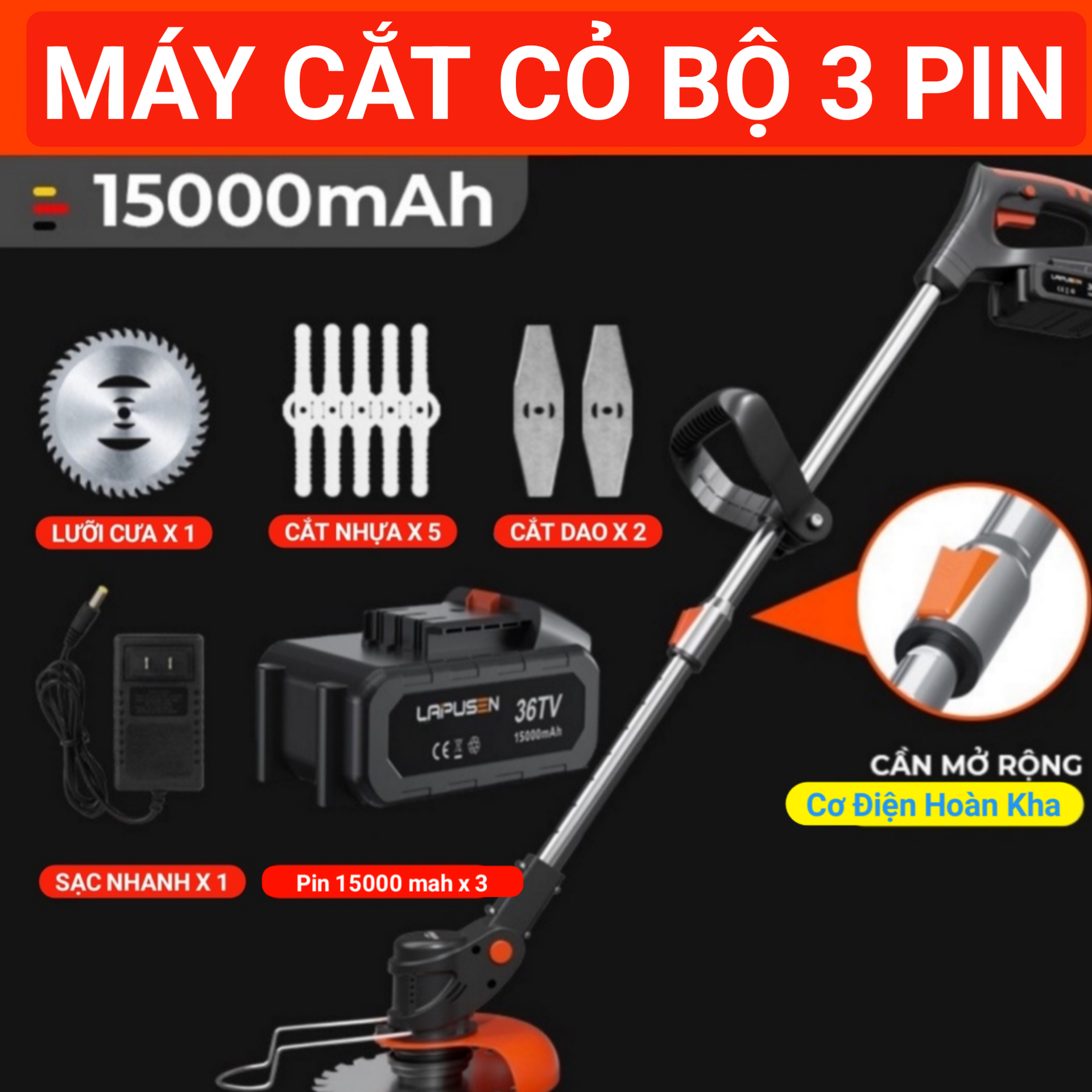 Máy cắt cỏ, tỉa cành cầm tay LAPUSEN pin khủng 15000mah, động cơ mạnh 1800w