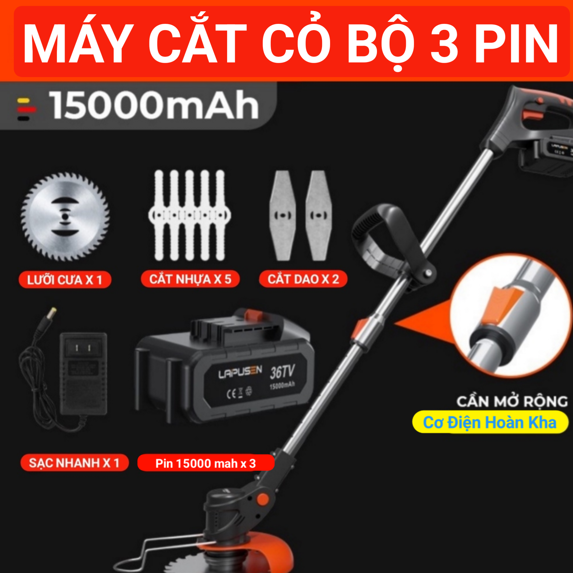 [BỘ 3 PIN] Máy cắt cỏ, tỉa cành cầm tay LAPUSEN pin khủng 15000mah, động cơ mạnh 1800w