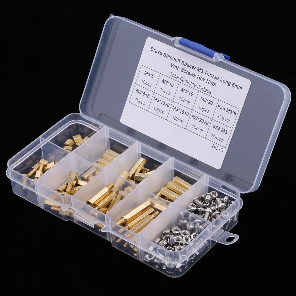 200 Pieces M3 Male Female Hex Brass Spacer Standoff Screw Nut Assortment Kit