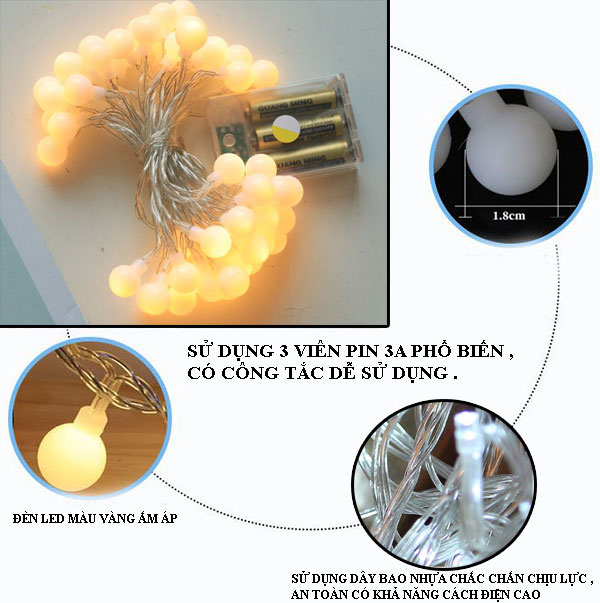 Đèn Led Trang Trí Bóng Tròn Dài 6M - 40 Bóng Trang Trí Noel Lễ Tết