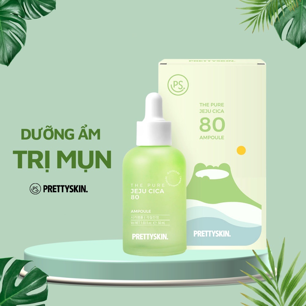 Tinh chất rau má Prettyskin The Pure Jeju Cica 80 Ampoule 50ml - hỗ trợ cải thiện mụn, trắng da, da căng bóng